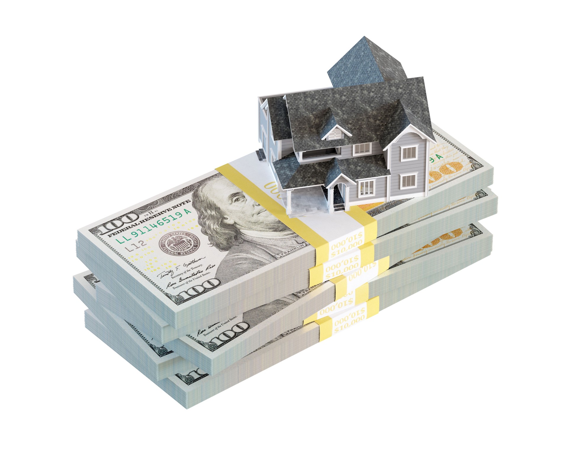 Miniature House Resting on Stack of Thousands of Dollars Cash Isolated on a White Background.